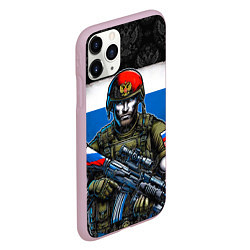 Чехол iPhone 11 Pro матовый Русский солдат на фоне флага, цвет: 3D-розовый — фото 2