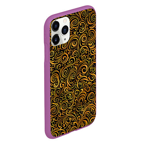 Чехол iPhone 11 Pro матовый Золотые узоры завитки / 3D-Фиолетовый – фото 2