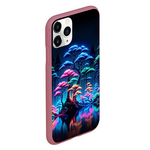 Чехол iPhone 11 Pro матовый Неоновый лес - нейросеть / 3D-Малиновый – фото 2