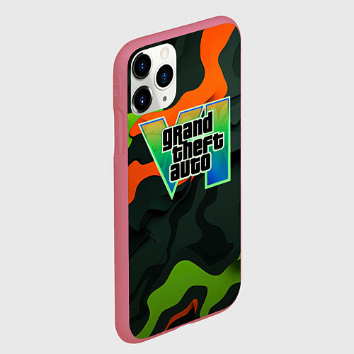 Чехол iPhone 11 Pro матовый Gta лого зелено-оранжевый камуфляж / 3D-Малиновый – фото 2