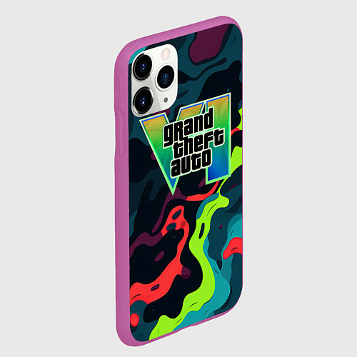 Чехол iPhone 11 Pro матовый Gta лого кислотный камуфляж / 3D-Фиолетовый – фото 2