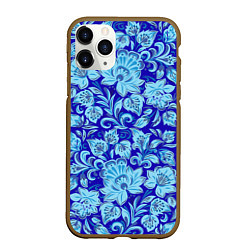 Чехол iPhone 11 Pro матовый Узоры гжель на темно синем фоне, цвет: 3D-коричневый