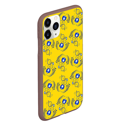 Чехол iPhone 11 Pro матовый Узор - цветы гжель на желтом фоне / 3D-Коричневый – фото 2