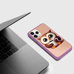 Чехол iPhone 11 Pro матовый Мультяшная сова держит кружку с кофе, цвет: 3D-фиолетовый — фото 2