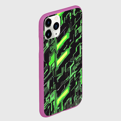 Чехол iPhone 11 Pro матовый Зелёные неоновые линии / 3D-Фиолетовый – фото 2