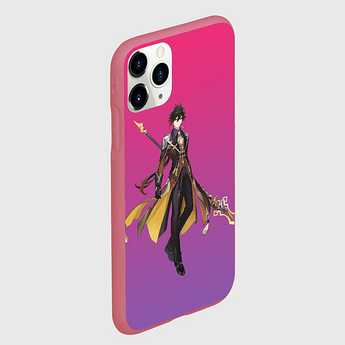 Чехол iPhone 11 Pro матовый Genshin персонаж игры - Чжун Ли / 3D-Малиновый – фото 2