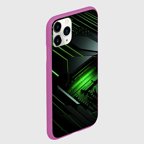 Чехол iPhone 11 Pro матовый Металл и зеленый яркий неоновый свет / 3D-Фиолетовый – фото 2