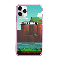 Чехол iPhone 11 Pro матовый Minecraft logo горы и озеро, цвет: 3D-розовый