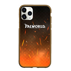 Чехол iPhone 11 Pro матовый Palworld лого на фоне огня, цвет: 3D-коричневый