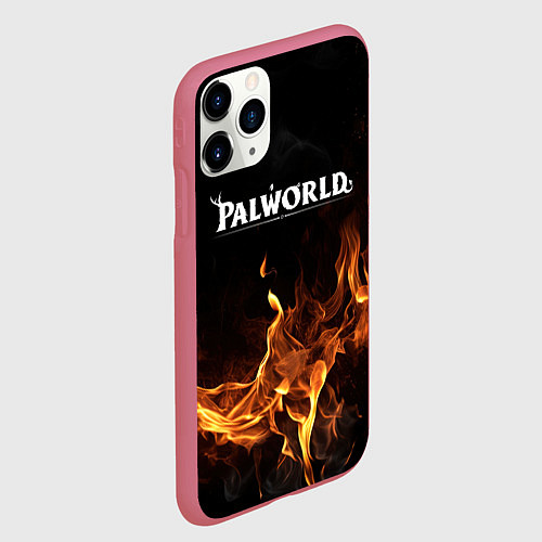 Чехол iPhone 11 Pro матовый Palworld логотип на черном фоне с огнем / 3D-Малиновый – фото 2