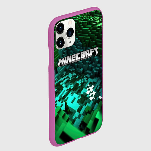Чехол iPhone 11 Pro матовый Minecraft logo в стиле киберпанк / 3D-Фиолетовый – фото 2