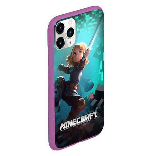 Чехол iPhone 11 Pro матовый Персонаж Minecraft с мечом / 3D-Фиолетовый – фото 2