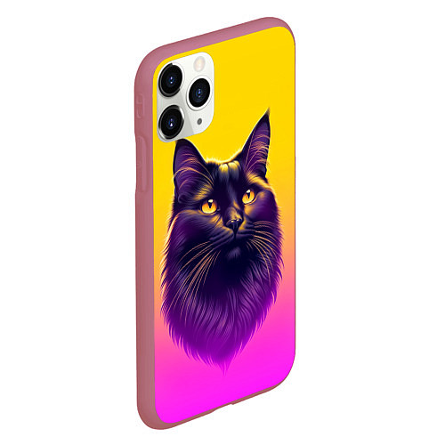 Чехол iPhone 11 Pro матовый Кот чёрный с золотыми глазами / 3D-Малиновый – фото 2