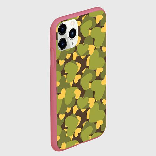 Чехол iPhone 11 Pro матовый Сердечки - камуфляж / 3D-Малиновый – фото 2