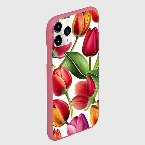 Чехол iPhone 11 Pro матовый Паттерн с тюльпанами / 3D-Малиновый – фото 2