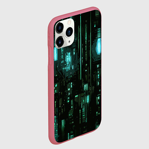 Чехол iPhone 11 Pro матовый Киберпанк светящиеся голубые элементы / 3D-Малиновый – фото 2