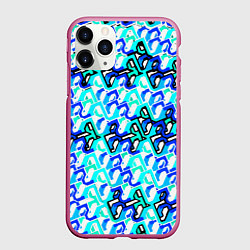 Чехол iPhone 11 Pro матовый Синий узор и бело-чёрная обводка, цвет: 3D-малиновый