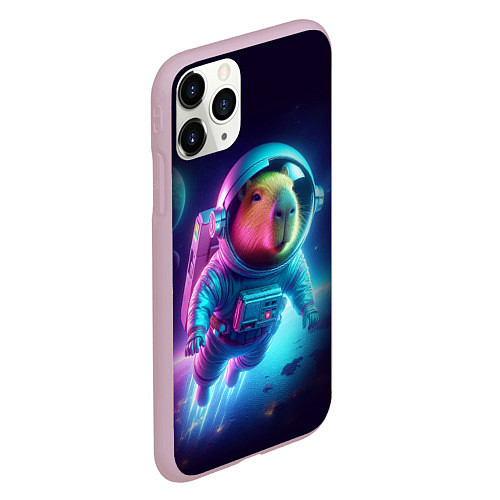 Чехол iPhone 11 Pro матовый Полёт капибары в космосе - неон / 3D-Розовый – фото 2