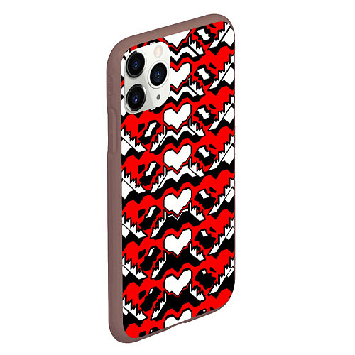 Чехол iPhone 11 Pro матовый Белые сердца на абстрактном фоне / 3D-Коричневый – фото 2