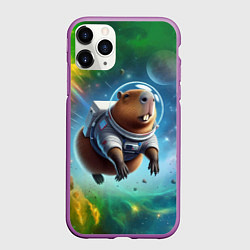 Чехол iPhone 11 Pro матовый Капибара в космосе - нейросеть, цвет: 3D-фиолетовый