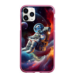 Чехол iPhone 11 Pro матовый Космонавт далматинец в неоновой галактике, цвет: 3D-малиновый