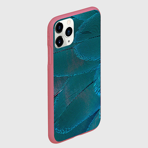 Чехол iPhone 11 Pro матовый Зеленые перья птицы / 3D-Малиновый – фото 2