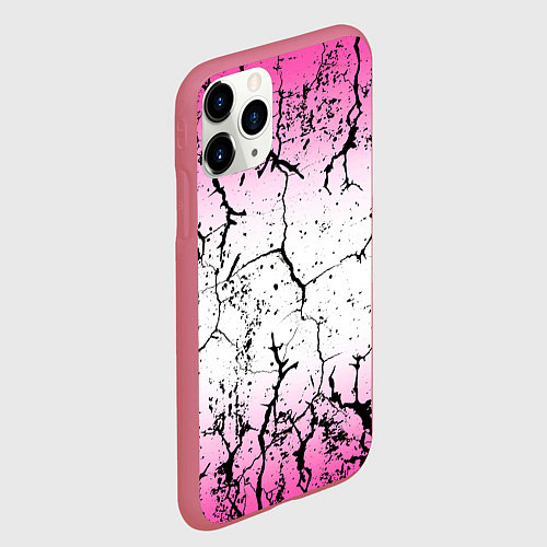 Чехол iPhone 11 Pro матовый Текстура чёрных трещин на розовом переливе / 3D-Малиновый – фото 2