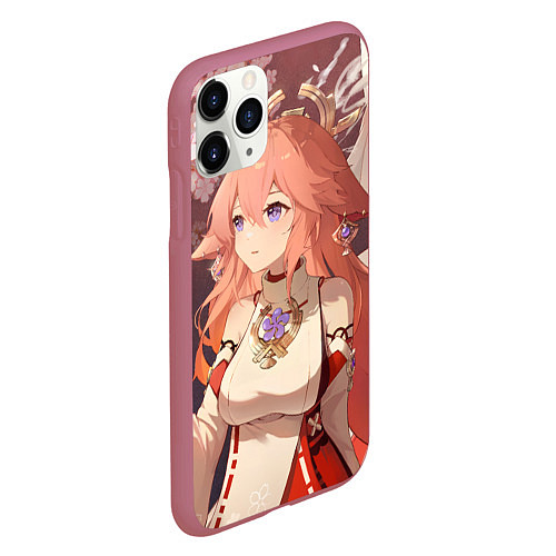 Чехол iPhone 11 Pro матовый Genshin Impact Яэ Miko smile kitsune / 3D-Малиновый – фото 2