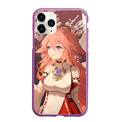 Чехол iPhone 11 Pro матовый Genshin Impact Яэ Miko smile kitsune, цвет: 3D-фиолетовый