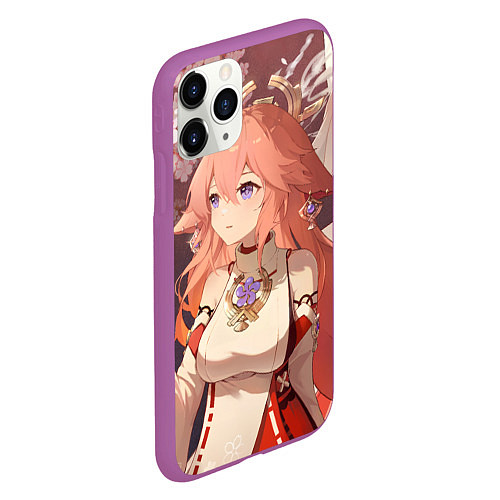 Чехол iPhone 11 Pro матовый Genshin Impact Яэ Miko smile kitsune / 3D-Фиолетовый – фото 2