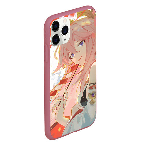 Чехол iPhone 11 Pro матовый Genshin Impact Яэ Miko smile kitsune / 3D-Малиновый – фото 2