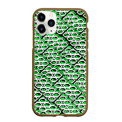 Чехол iPhone 11 Pro матовый Зелёно-белый узор на чёрном фоне, цвет: 3D-коричневый