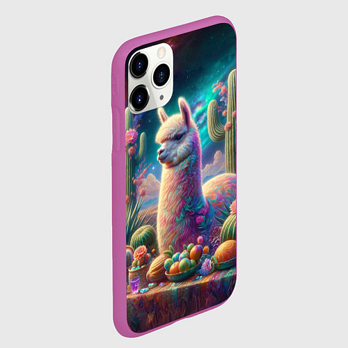Чехол iPhone 11 Pro матовый Альпака и кактусы на столе / 3D-Фиолетовый – фото 2