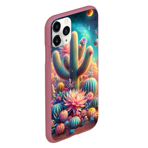 Чехол iPhone 11 Pro матовый Кактусы цветущие под космическим небом / 3D-Малиновый – фото 2