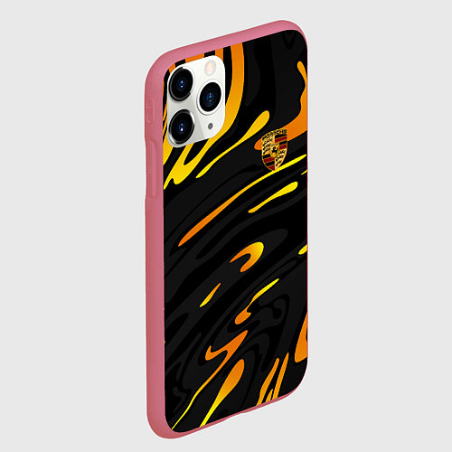 Чехол iPhone 11 Pro матовый Porsche - Желтые разводы / 3D-Малиновый – фото 2