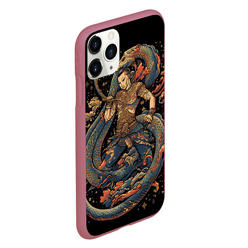 Чехол iPhone 11 Pro матовый Боец Муай-тай и огромный дракон / 3D-Малиновый – фото 2
