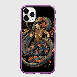 Чехол iPhone 11 Pro матовый Боец Муай-тай и огромный дракон, цвет: 3D-фиолетовый