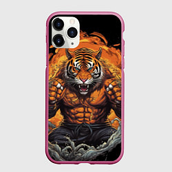 Чехол iPhone 11 Pro матовый Муай - Тай тигр в стойке боевые искусства, цвет: 3D-малиновый