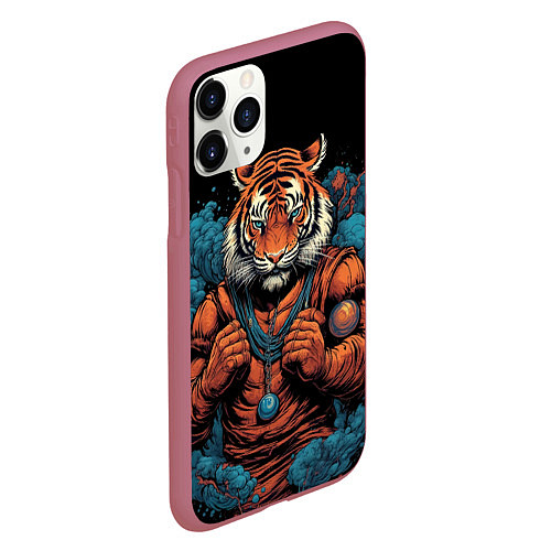 Чехол iPhone 11 Pro матовый Муай - Тай тигр в стойке боевые искусства / 3D-Малиновый – фото 2