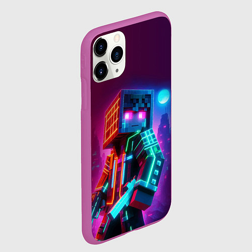 Чехол iPhone 11 Pro матовый Cyberpunk and Minecraft - collaboration ai art / 3D-Фиолетовый – фото 2