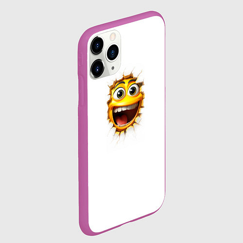 Чехол iPhone 11 Pro матовый Желтый смайлик в разбитой стене из дырки / 3D-Фиолетовый – фото 2