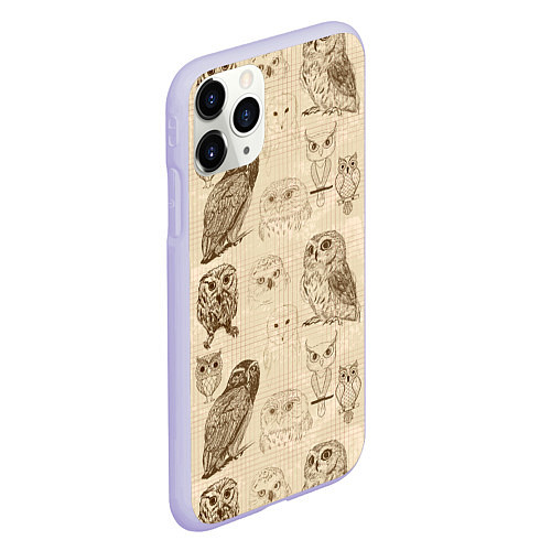 Чехол iPhone 11 Pro матовый Эскизы сов тетрадный лист в клетку / 3D-Светло-сиреневый – фото 2