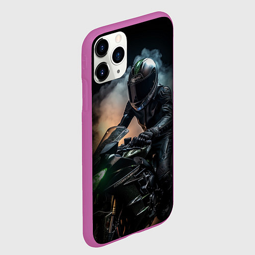 Чехол iPhone 11 Pro матовый Мотоциклист на мотоцикле / 3D-Фиолетовый – фото 2
