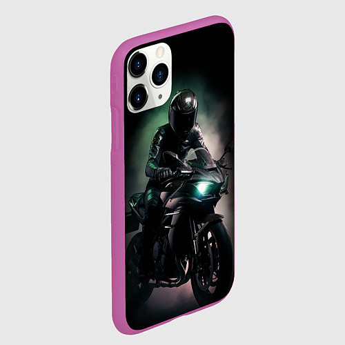 Чехол iPhone 11 Pro матовый Спорт мотоциклист и дым / 3D-Фиолетовый – фото 2