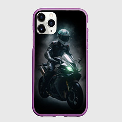 Чехол iPhone 11 Pro матовый Мотоциклист на спортивном байке черный фон, цвет: 3D-фиолетовый