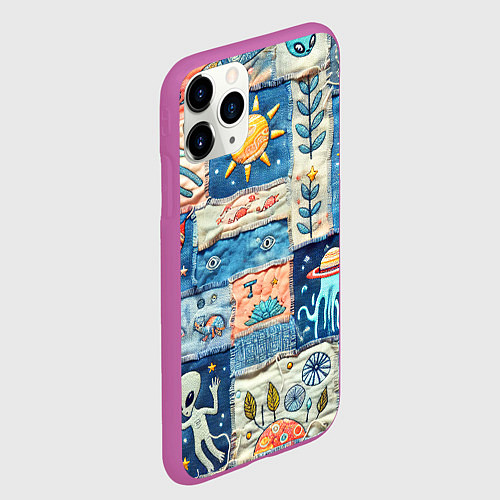 Чехол iPhone 11 Pro матовый Инопланетные обитатели на пэчворке / 3D-Фиолетовый – фото 2