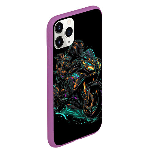 Чехол iPhone 11 Pro матовый Темный мотоцикл на черном фоне / 3D-Фиолетовый – фото 2