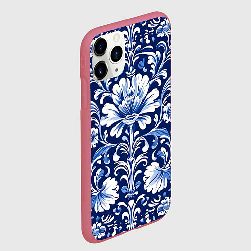 Чехол iPhone 11 Pro матовый Гжель - русский цветочный узор / 3D-Малиновый – фото 2