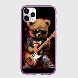 Чехол iPhone 11 Pro матовый Плюшевый медведь музыкант с гитарой, цвет: 3D-фиолетовый