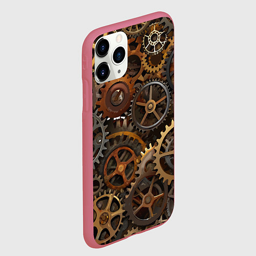 Чехол iPhone 11 Pro матовый Стимпанк ржавые шестеренки текстура / 3D-Малиновый – фото 2